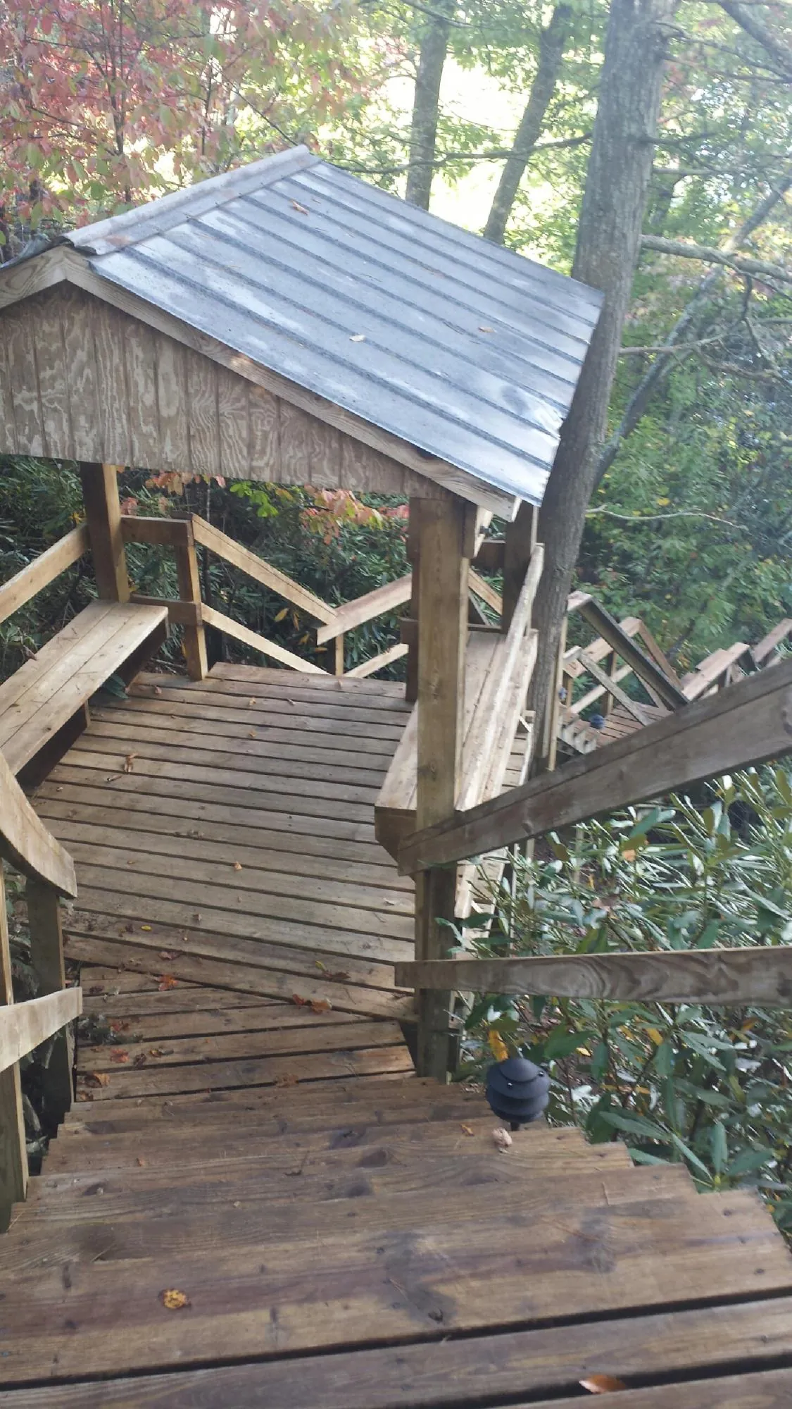 Metal roofed shelter over wooden steps on a wooded walkway — Skylight Repair & Installation work by our crew in Sun City Center